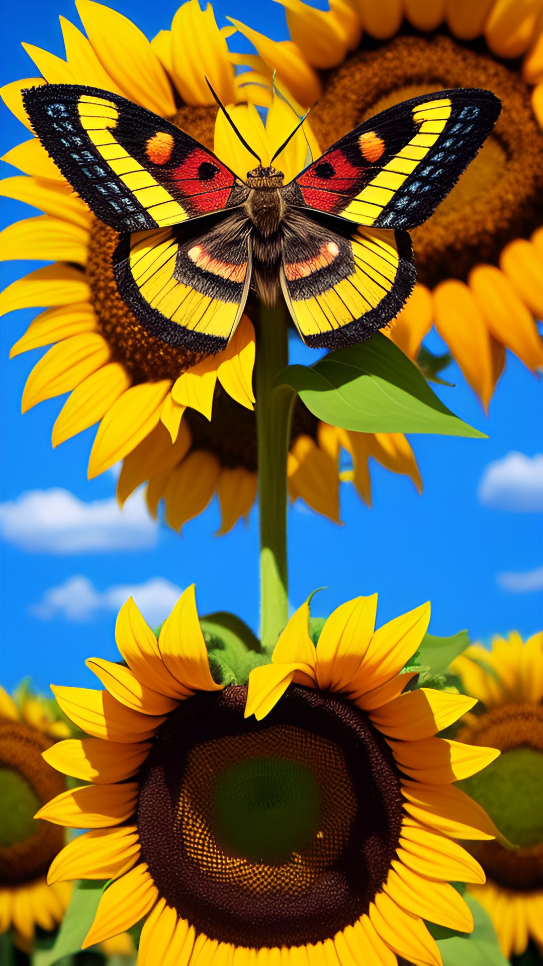 giant moth over sunflowers top view preview