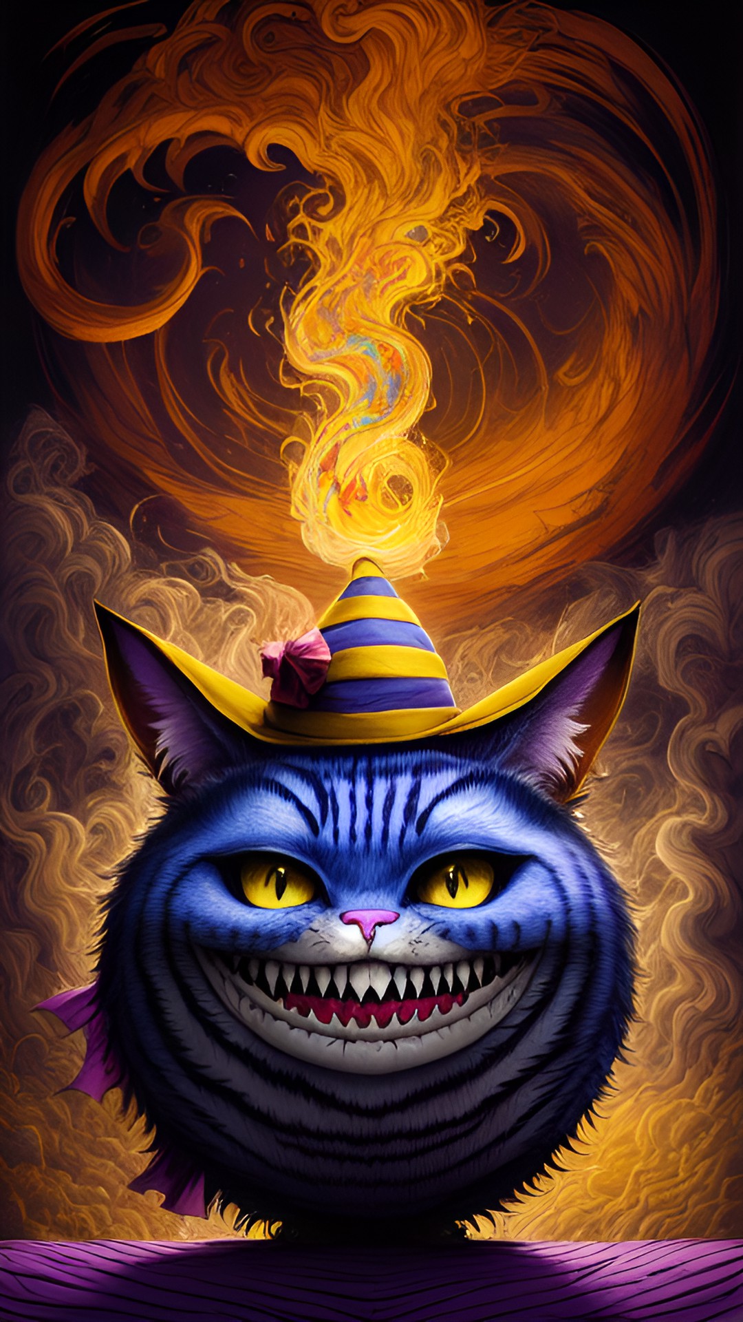 the mischievous cheshire cat with a jester hat, grinning widely as he slowly fades into thin air, leaving behind a trail of colourful smoke." preview