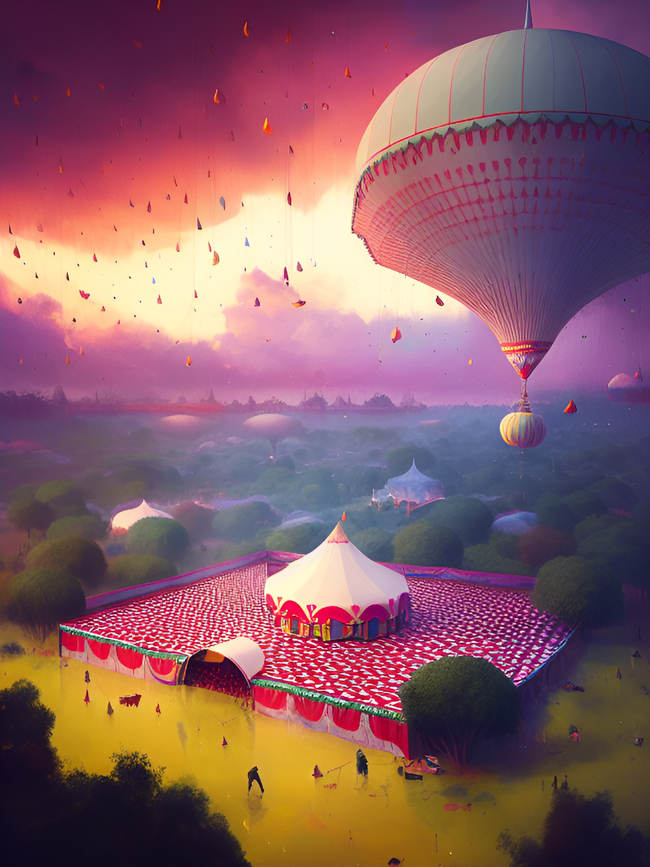 aerial view of a circus tent in the shape of a pomegranate, very heavy rainfall and pomegranates falling from the clouds, dark clouds in background preview