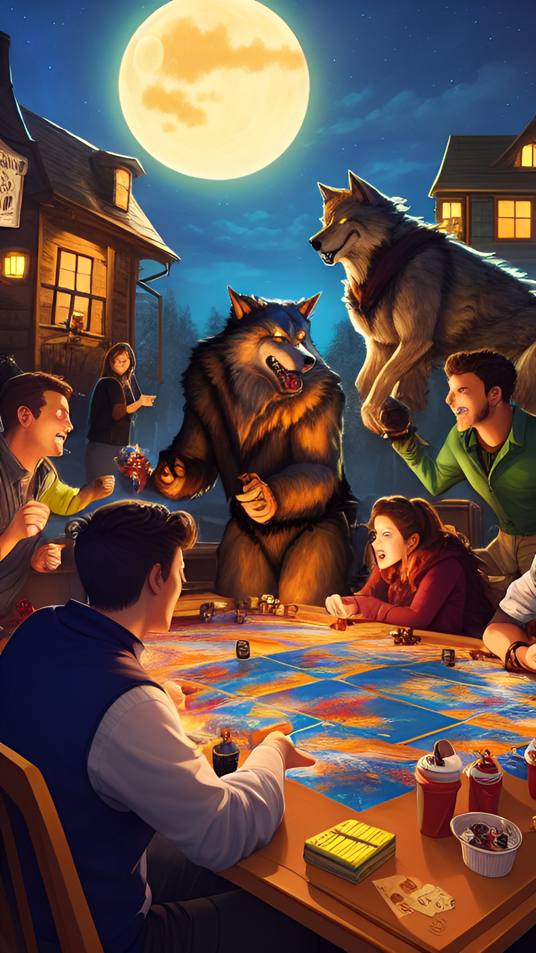 people enjoying a werewolf game night, camaraderie, fun-filled, abstract expressionist, dramatic preview