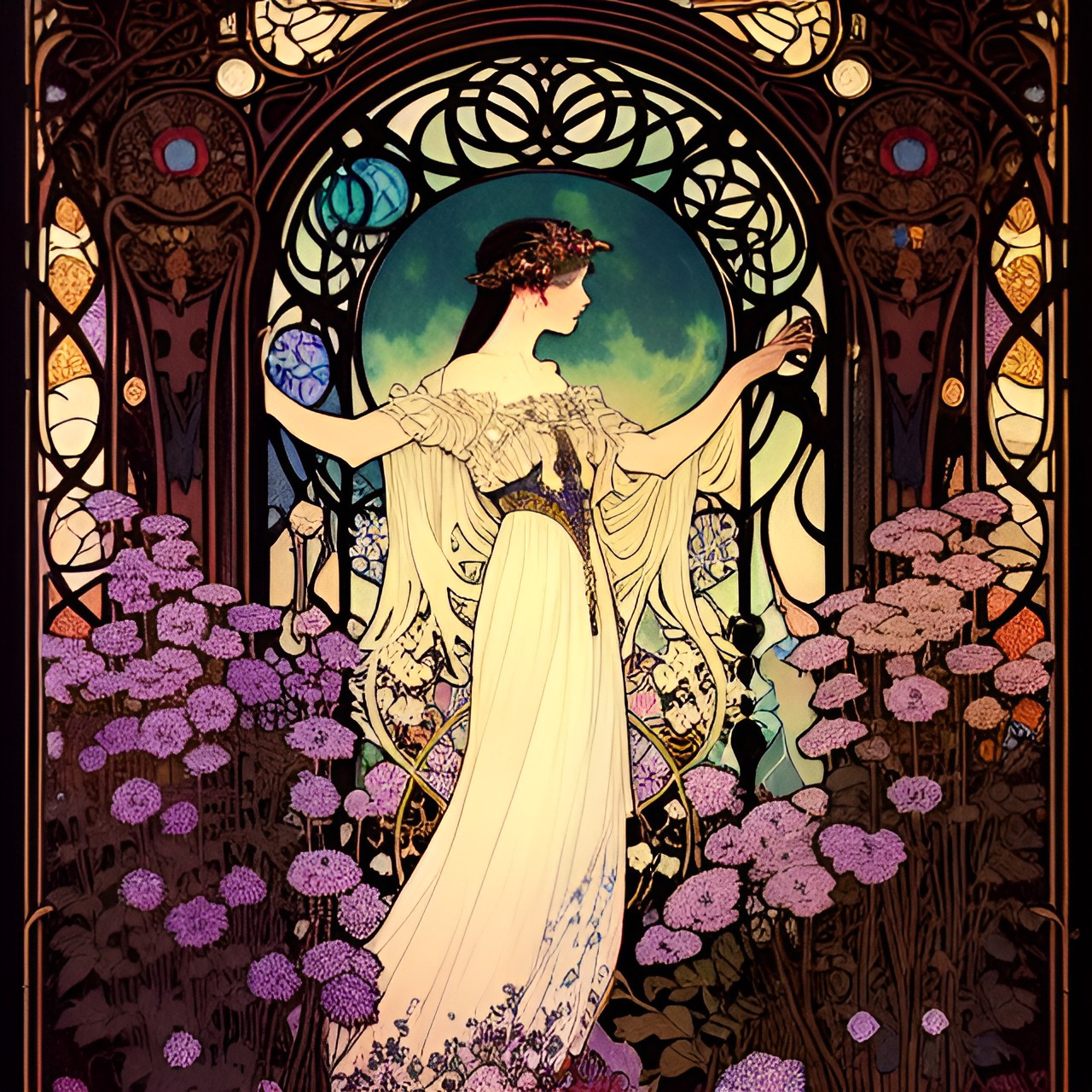 portrait woman dancing in flowers, flowers, touch of gold, flowers foliage, moon, art nouveau style, mucha style, vintage,  walter crane preview