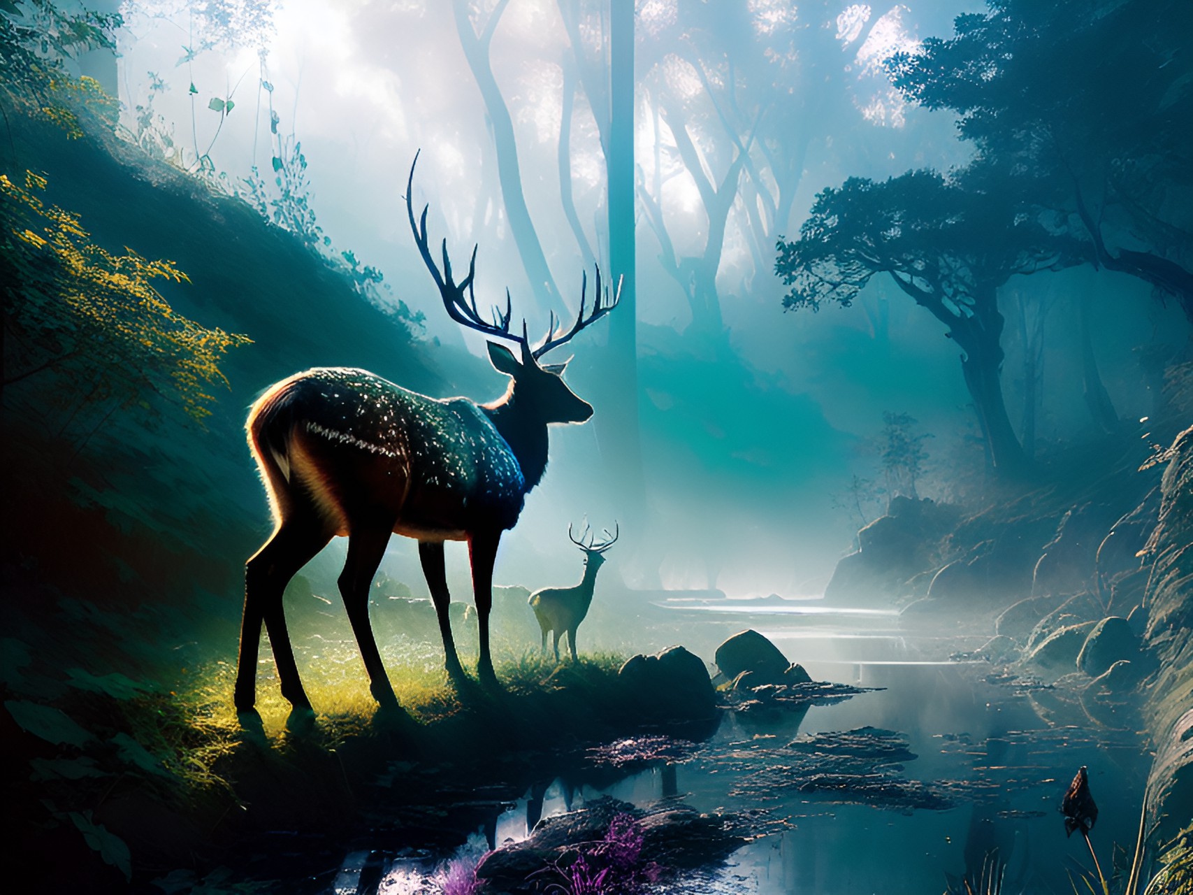 celestial deer drinking from a stream in the morning light preview