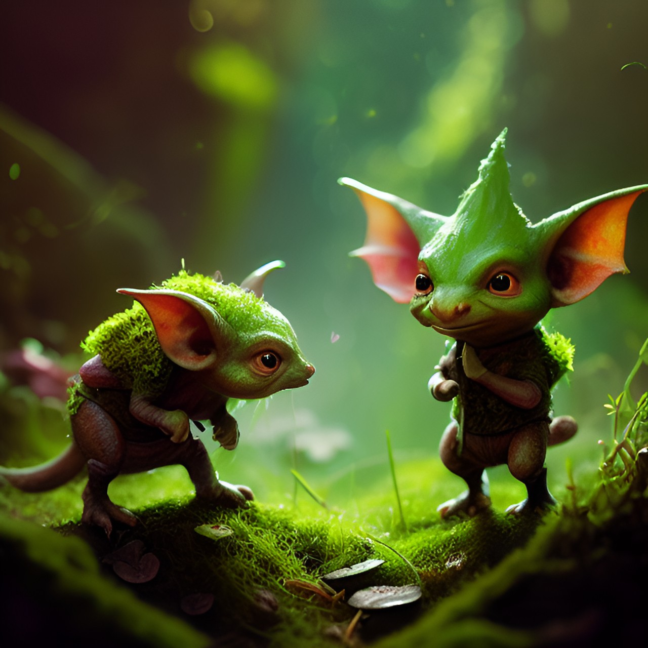 brian froud, cute goblins made of moss with long pointy ears, bioluminescent mushrooms, realistic, extremely detailed, hd, 4k, sharp, cinematic, glowing light particles, fantasy digital art preview