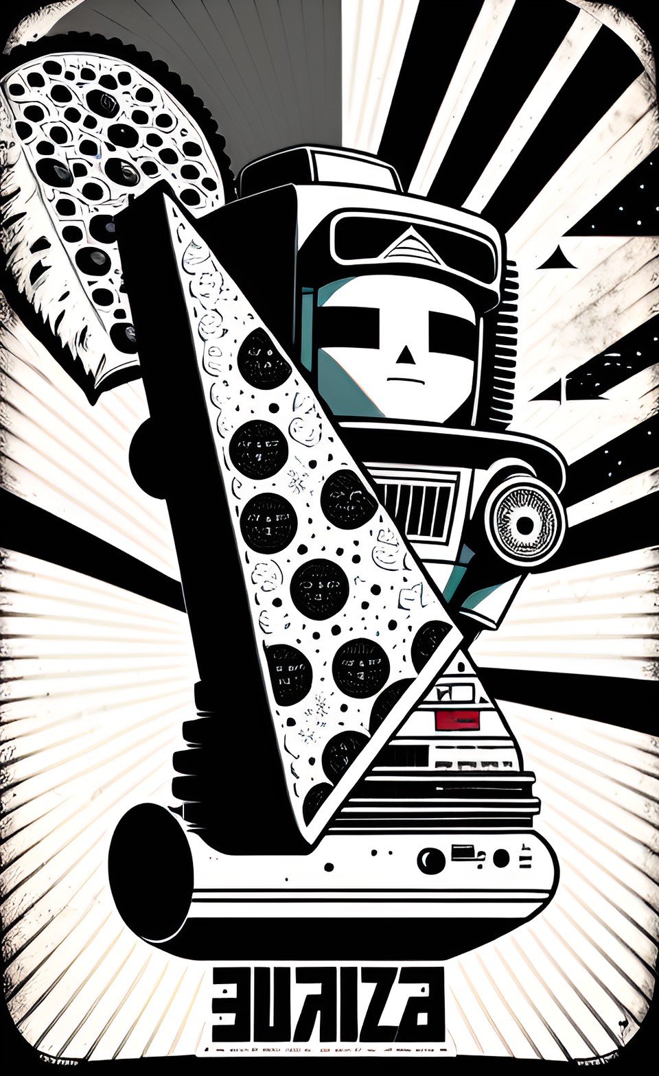 EURIZA - pizza slice, robot, 1970s, poster style art, black and white, in style of bo lundburg preview