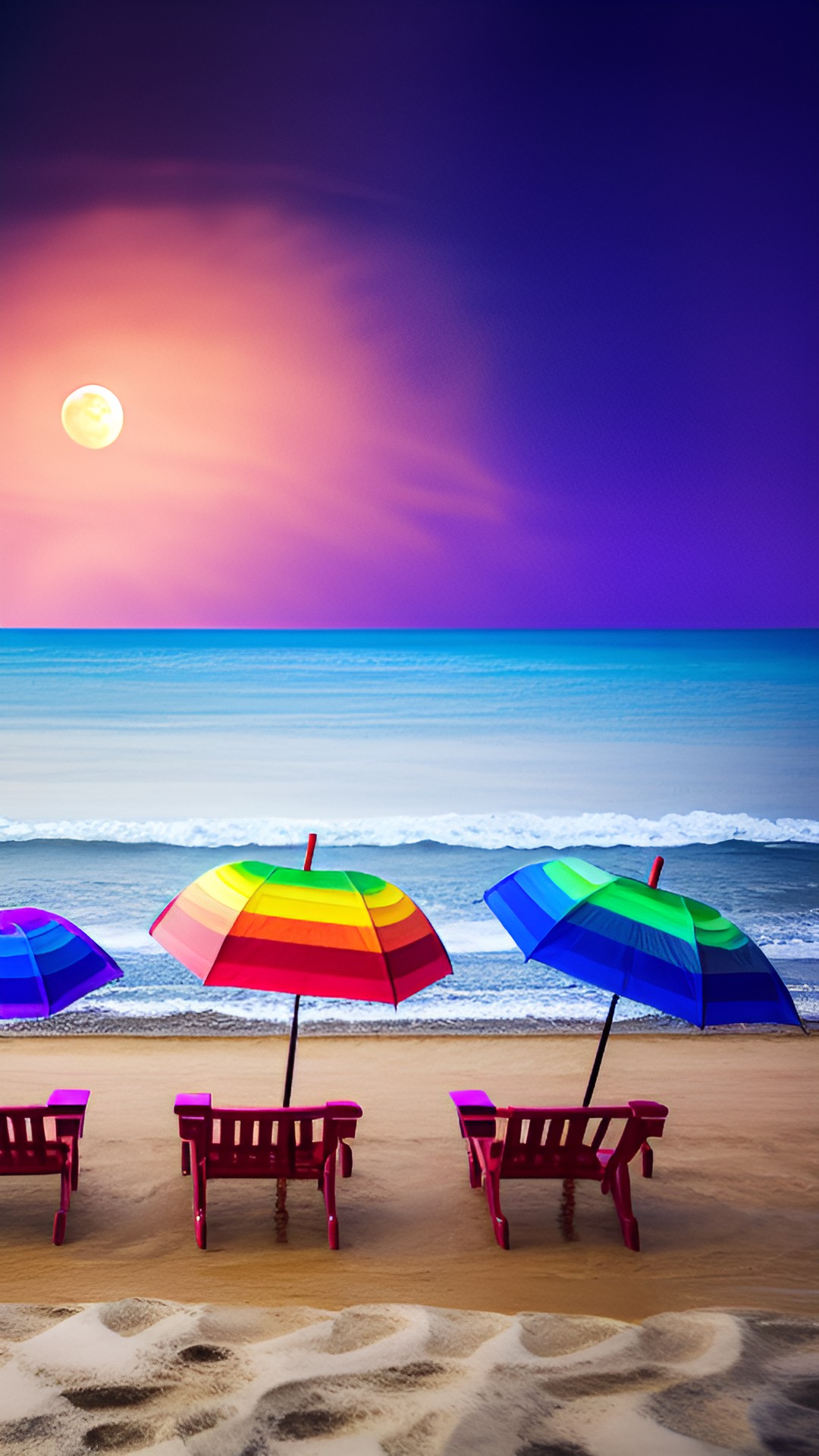 a beach party with rainbow umbrellas, dogs playing in the sand, and a bright full moon rising over the ocean. preview