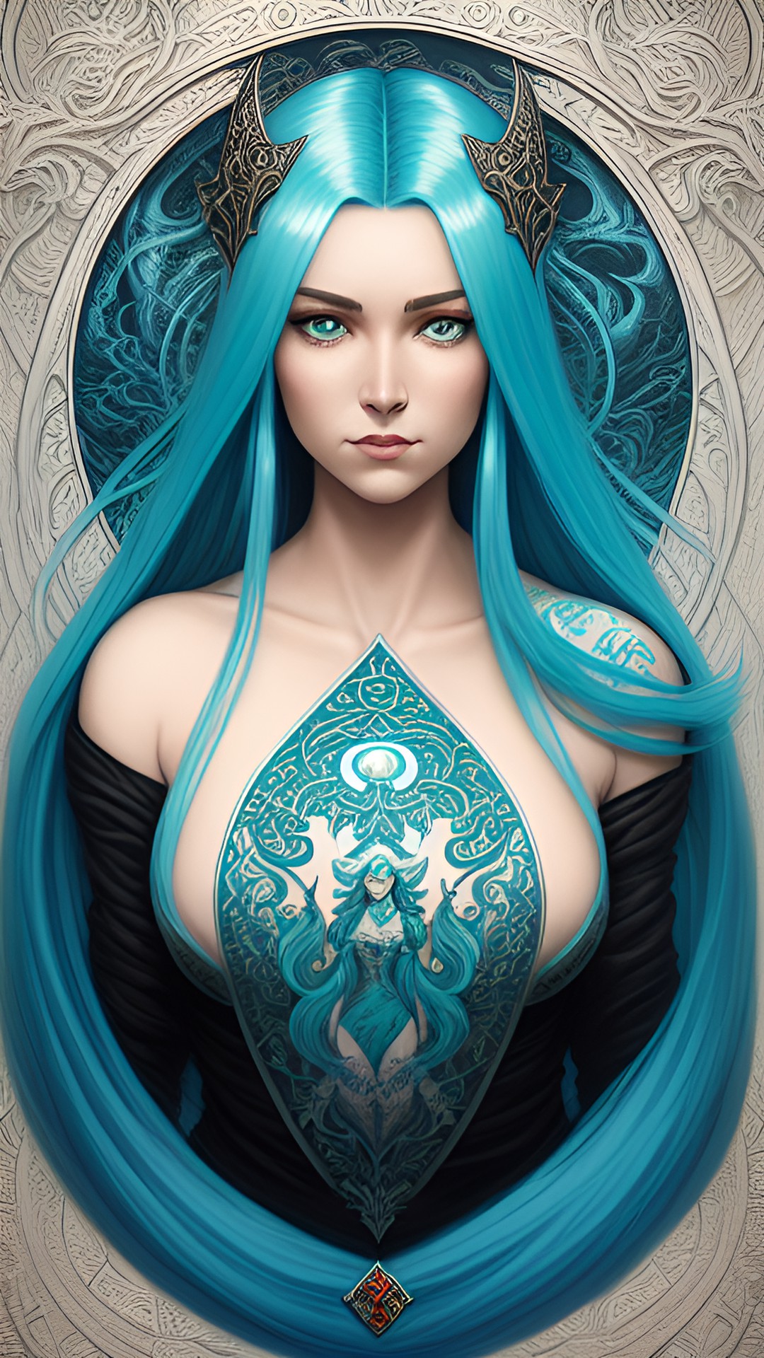 dragons maiden, pearl white and soft cyan ombre long hair. turquoise quartz filigree type tattoo all over her body. preview