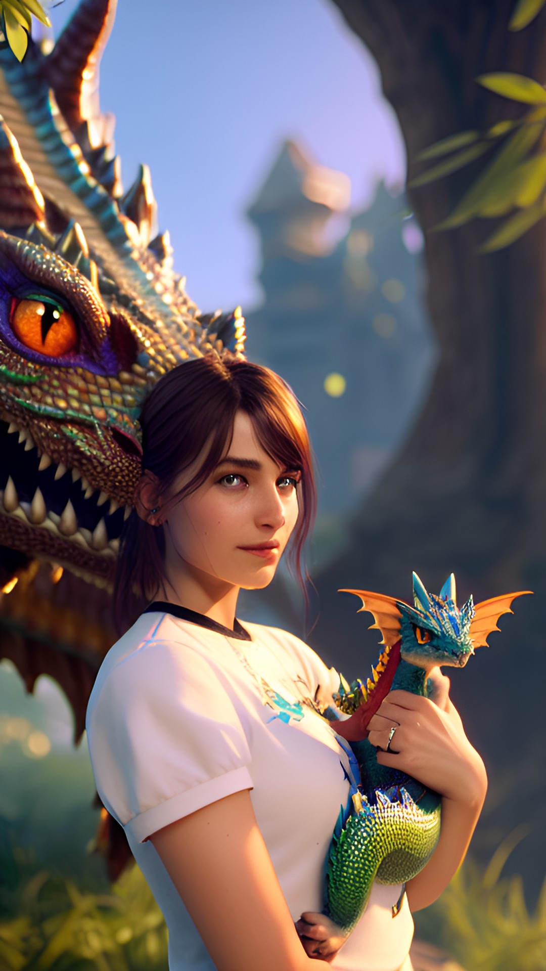 pretty woman with sweet tiny  pet dragon preview