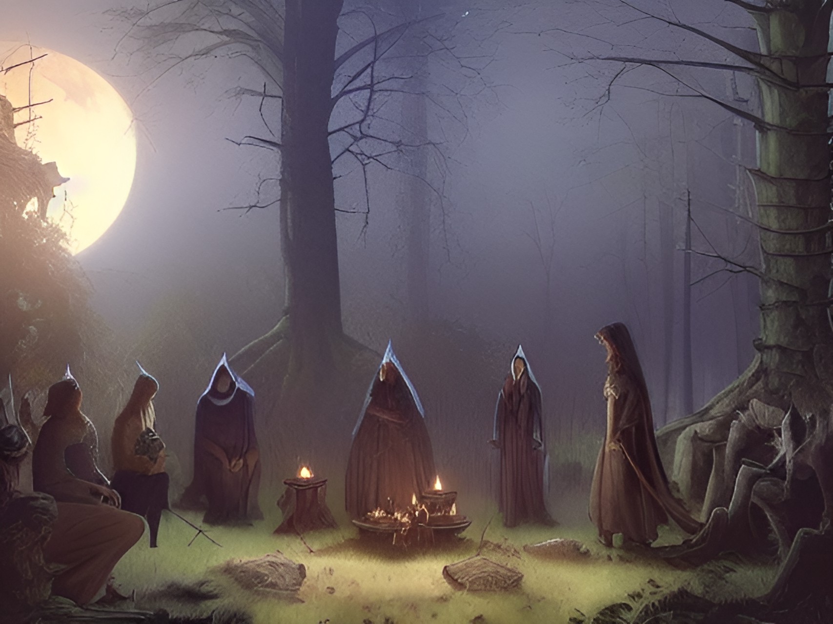 coven of witches around a ritual circle in the forest during a full moon preview