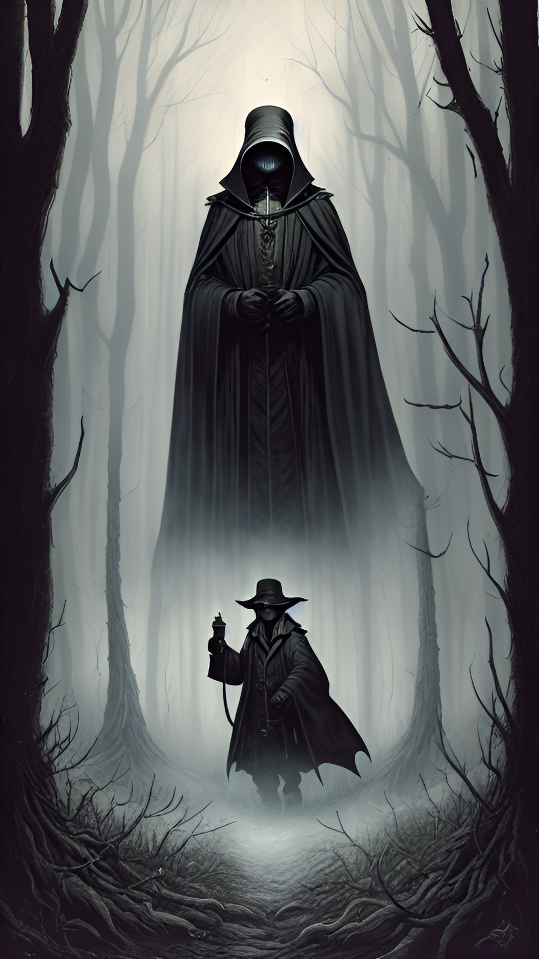 creepy plague doctor in the dark misty forest preview