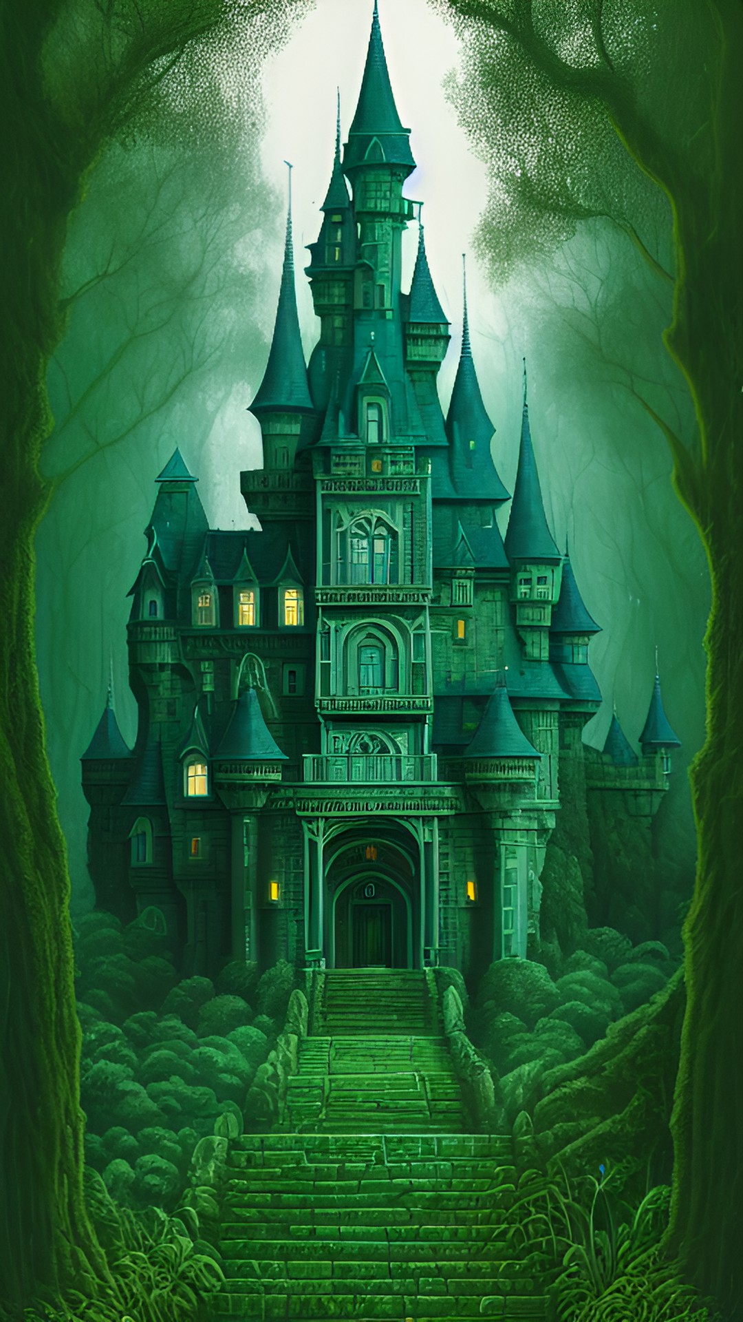 castle made of emerald gemstone, hidden in lush forest, rainy day preview