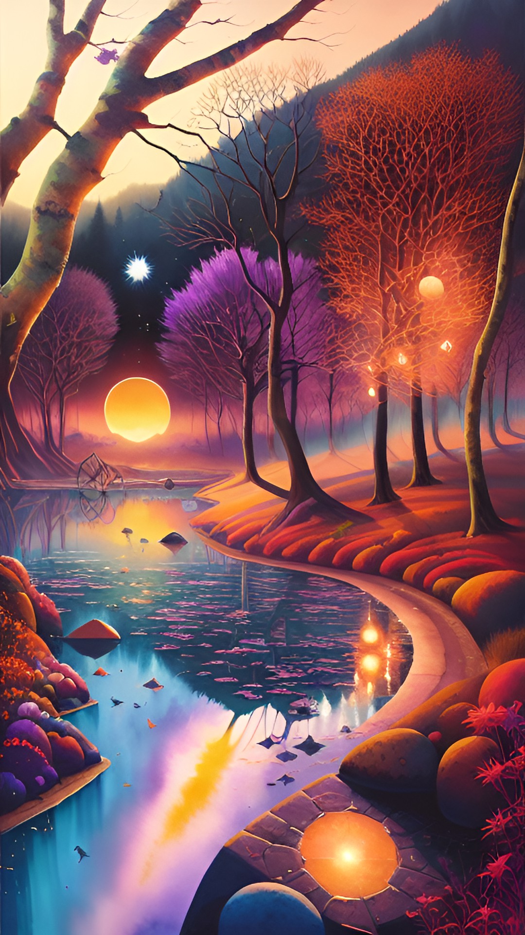 the suns are waking up, the lights are purple, the fall is freezing, shamanic vision, cosmic, astral, surreal, dream landscape like josephinewall, jacek yerka and rafal olbinski preview