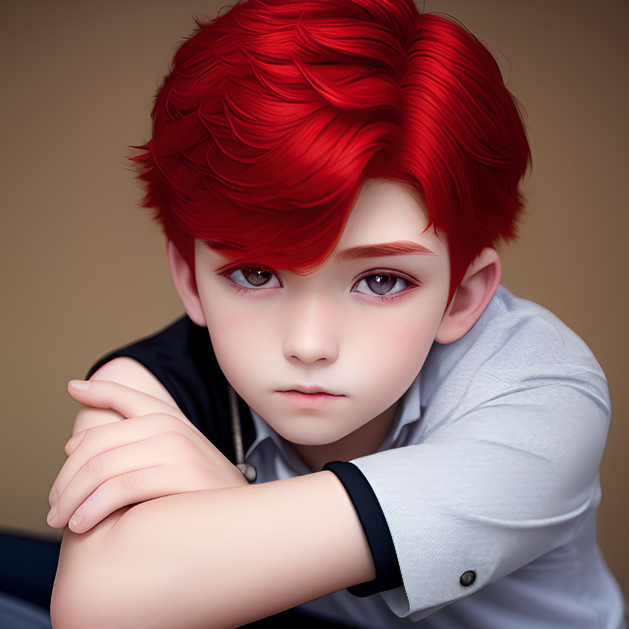 cheveux rouges comme le coucher de soleil, yeux diamants et peau pâle, taille fine et trait fin et délicat c'est un garçon de 12 ans
. preview