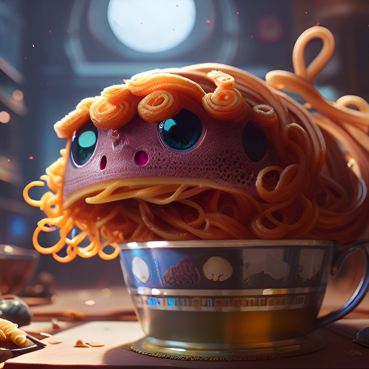 live delicious curly pasta doshirak with eyes is very cute preview