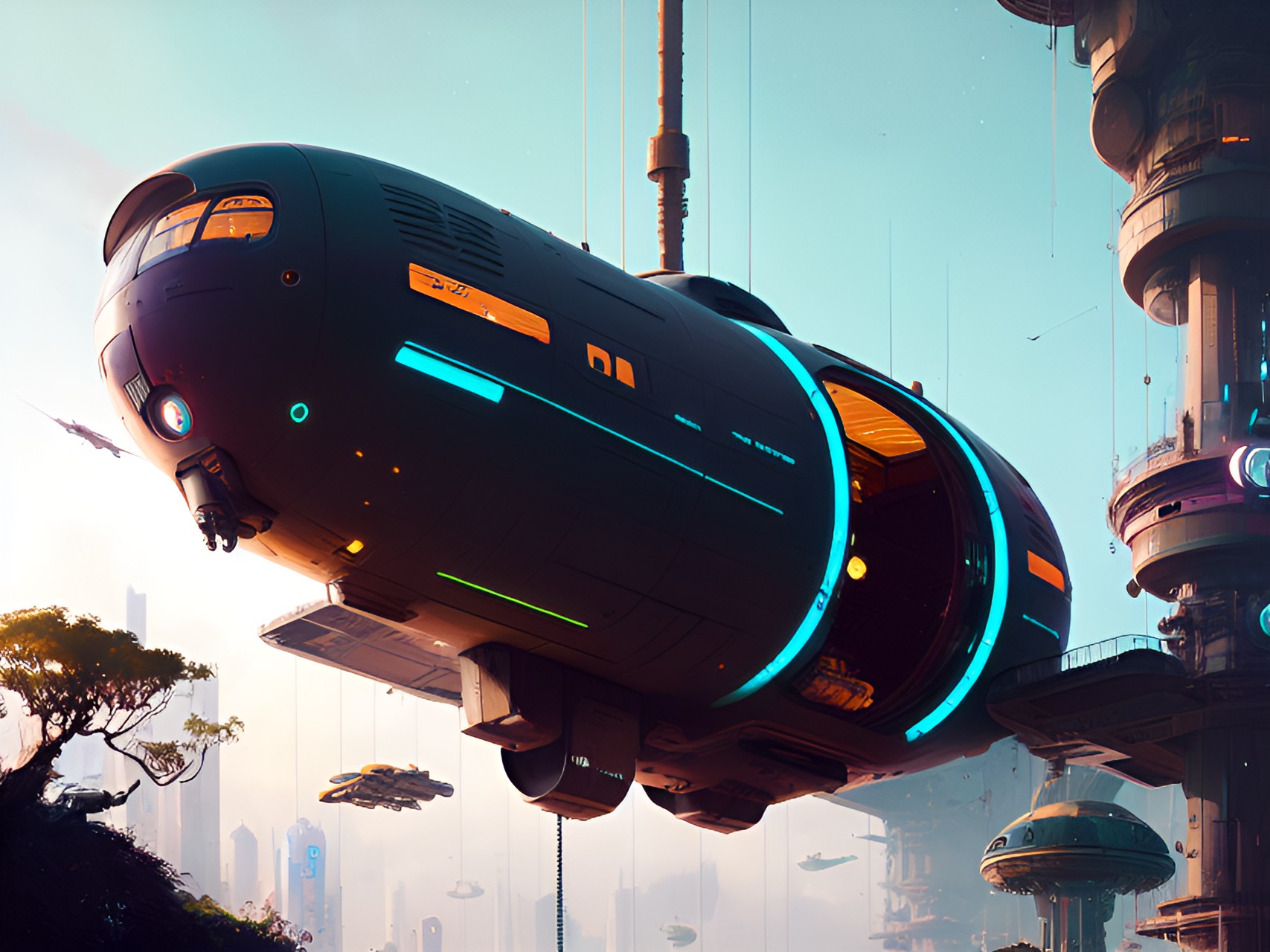 retrofuturistic hovering pod home, flying pod home with cyberpunk and steampunk sci-fi details, preview