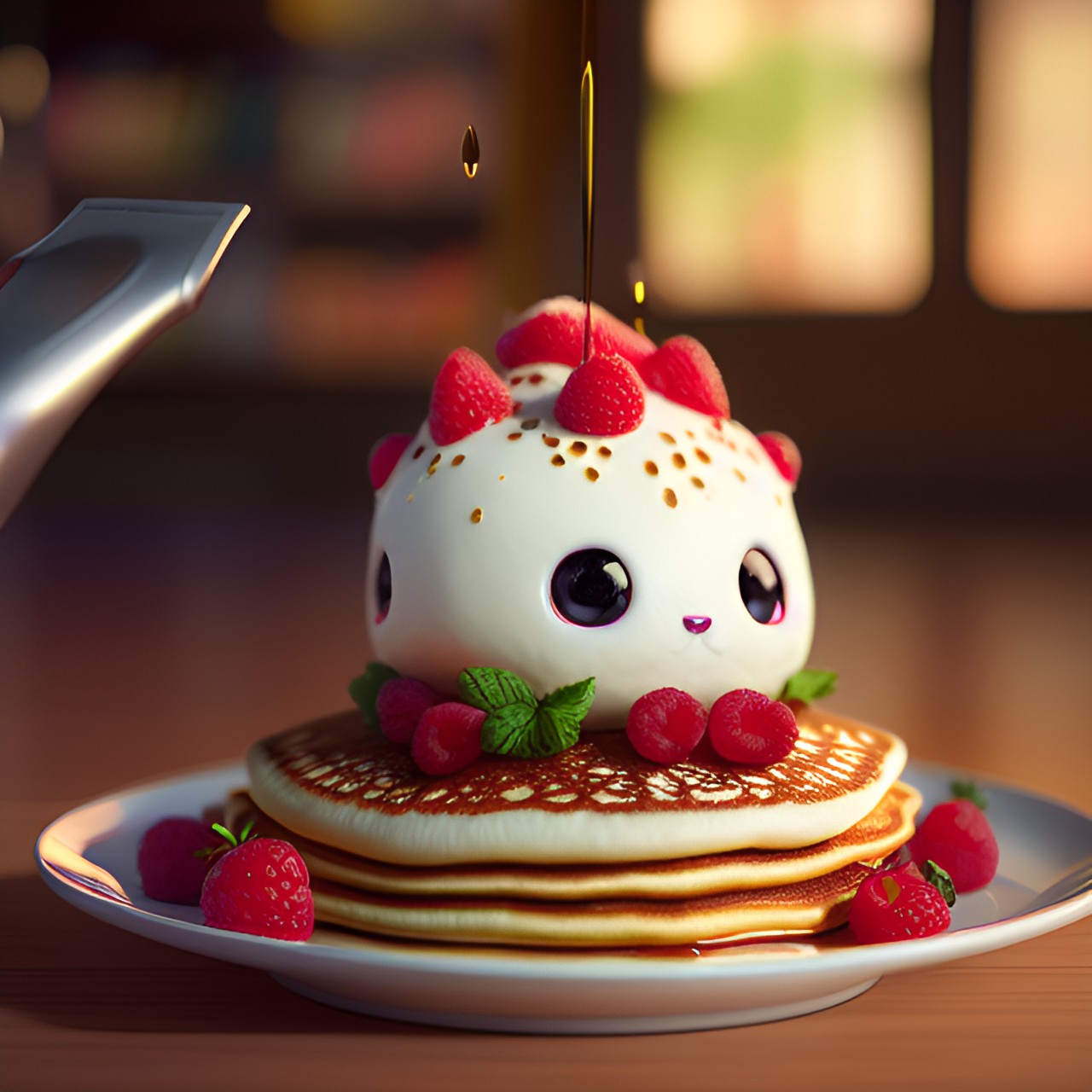 live delicious pancake with cream and berries with eyes very cute preview