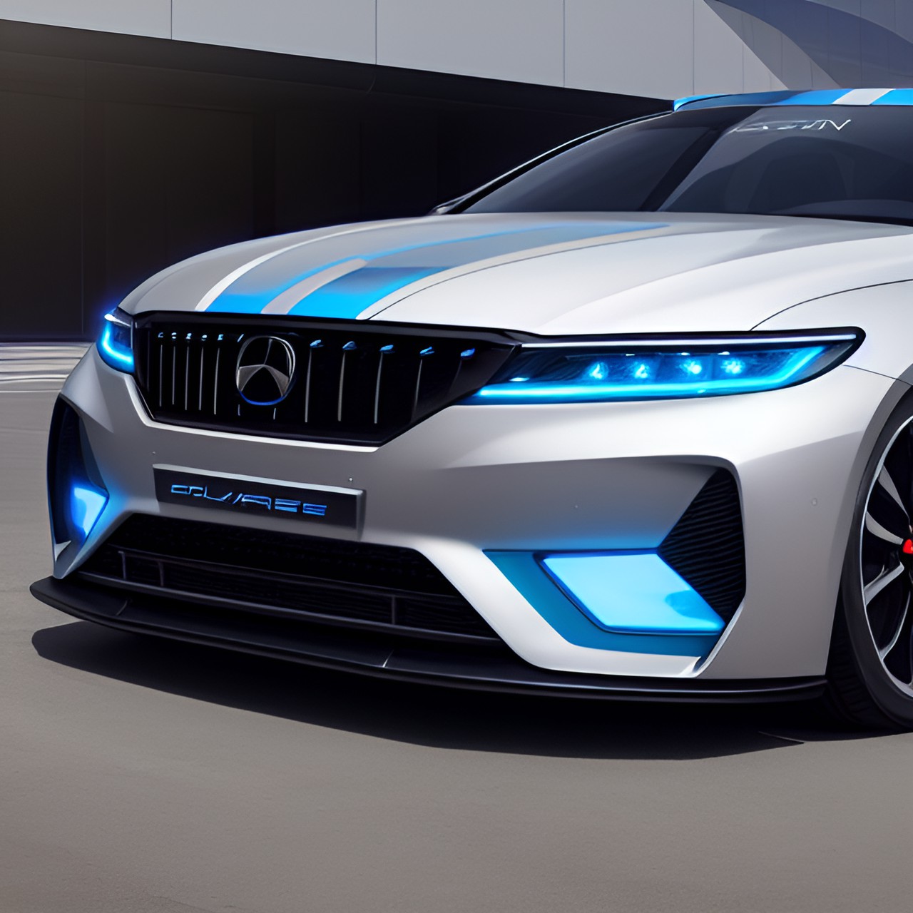 2030's luxury saloon car, futuristic concept, heritage edition rally package, gray blue color, super elite body kit hybrid phev ev powertrain, tinted led darkened prismatic unique lights preview