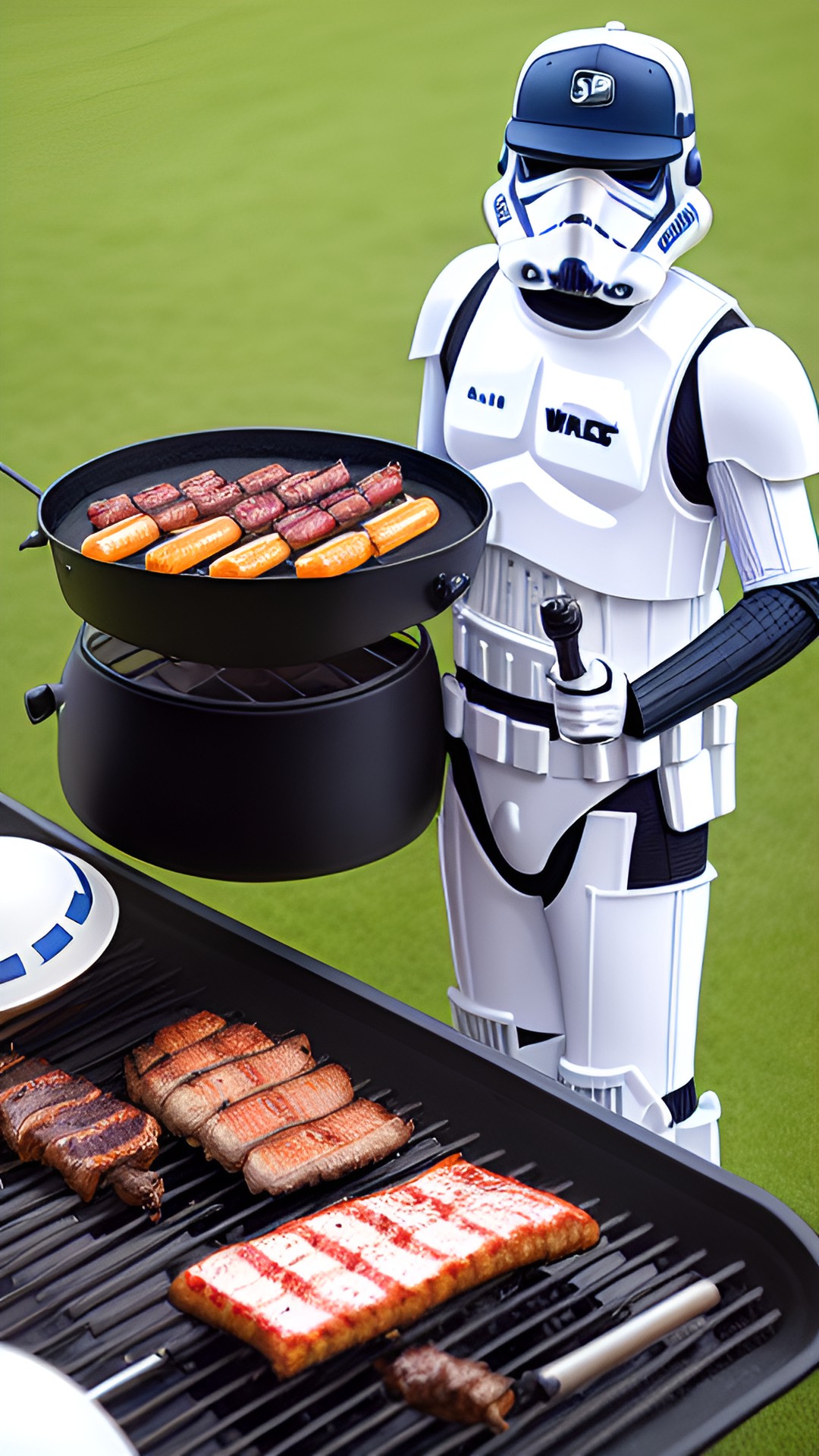 star wars storm trooper wearing baseball cap and grilling bbq on memorial day weekend preview