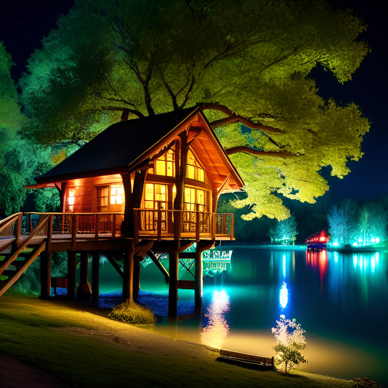 Very nice Treehouse - 4k,a tree house in a lake,fary lights,night, nice preview