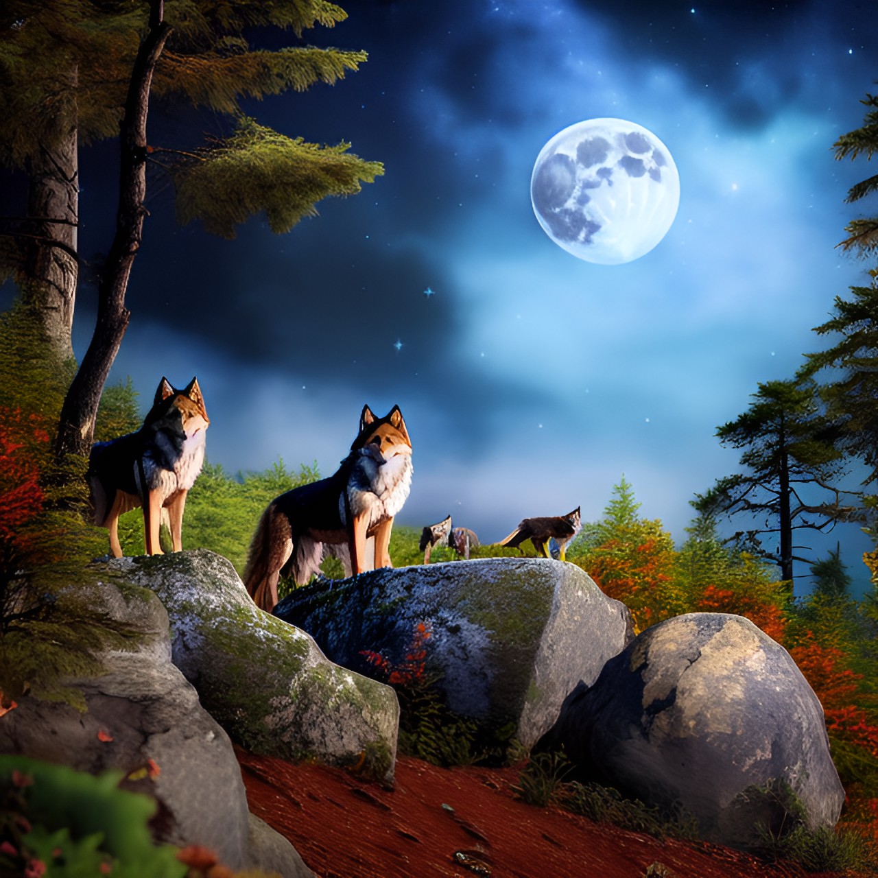 wolves howling to the moon, sitting on a huge cliff, full moon, forest preview