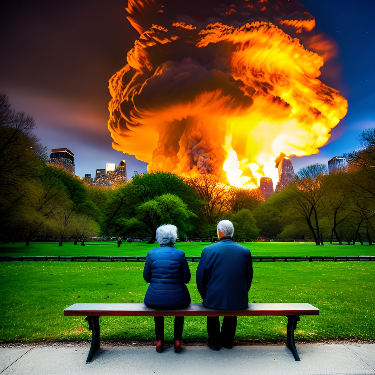 old couple sitting on bench in front of mushroom cloud in central park at night preview