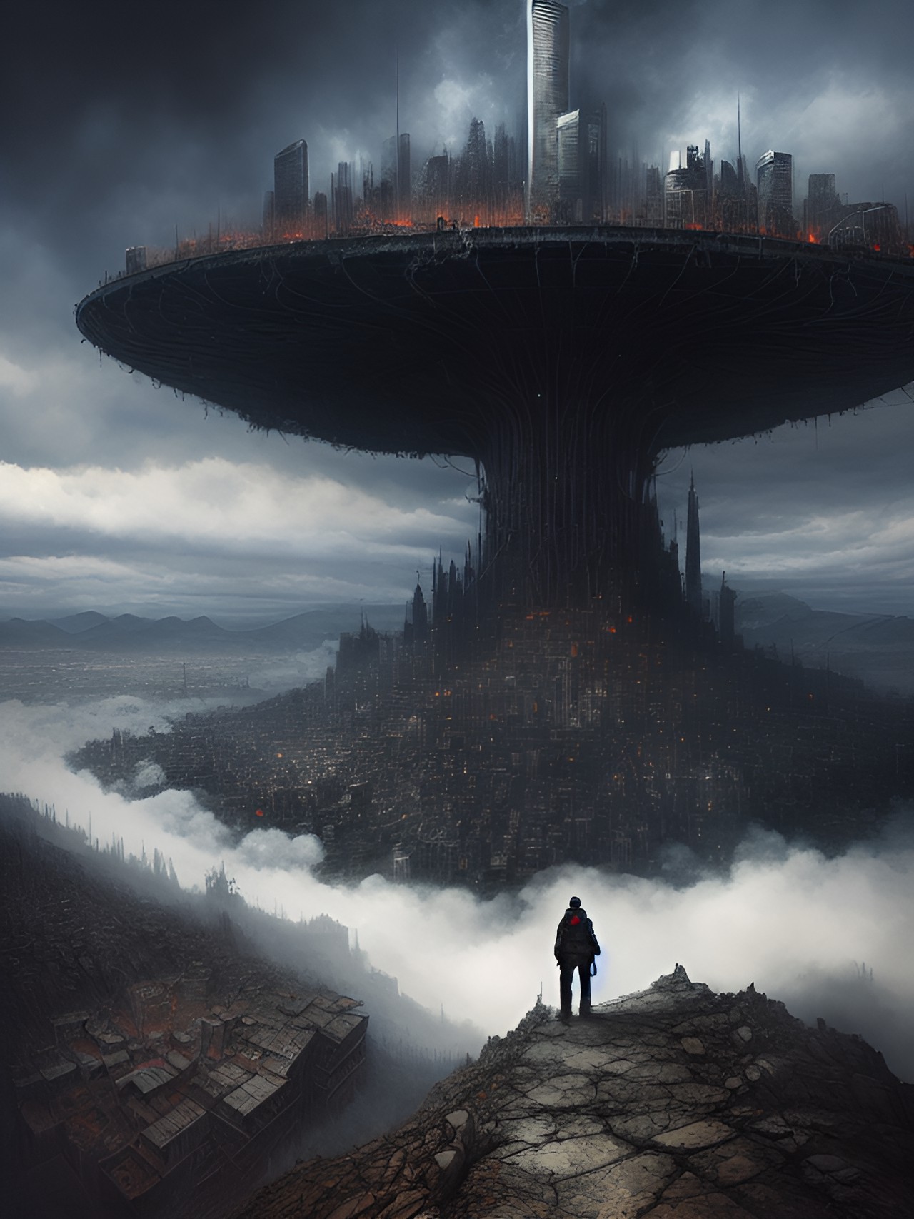 an apocalyptic city scape on the edge of a mountain preview