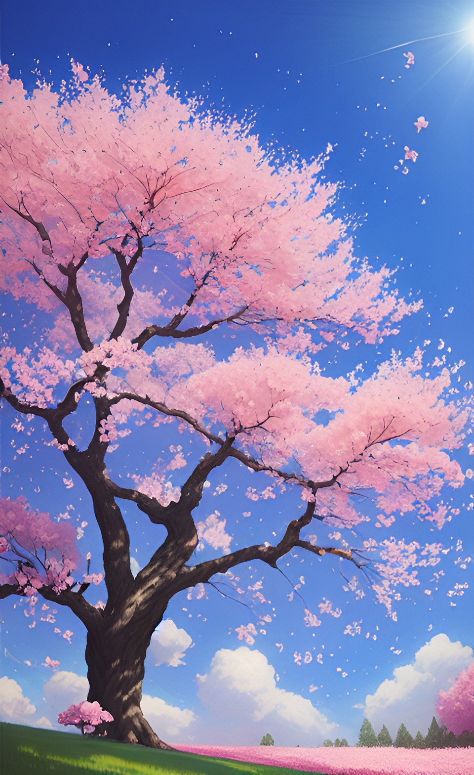 tree cherry blossom in full bloom, delicate petals flutter in the breeze against a clear blue sky background. serene and picturesque. preview