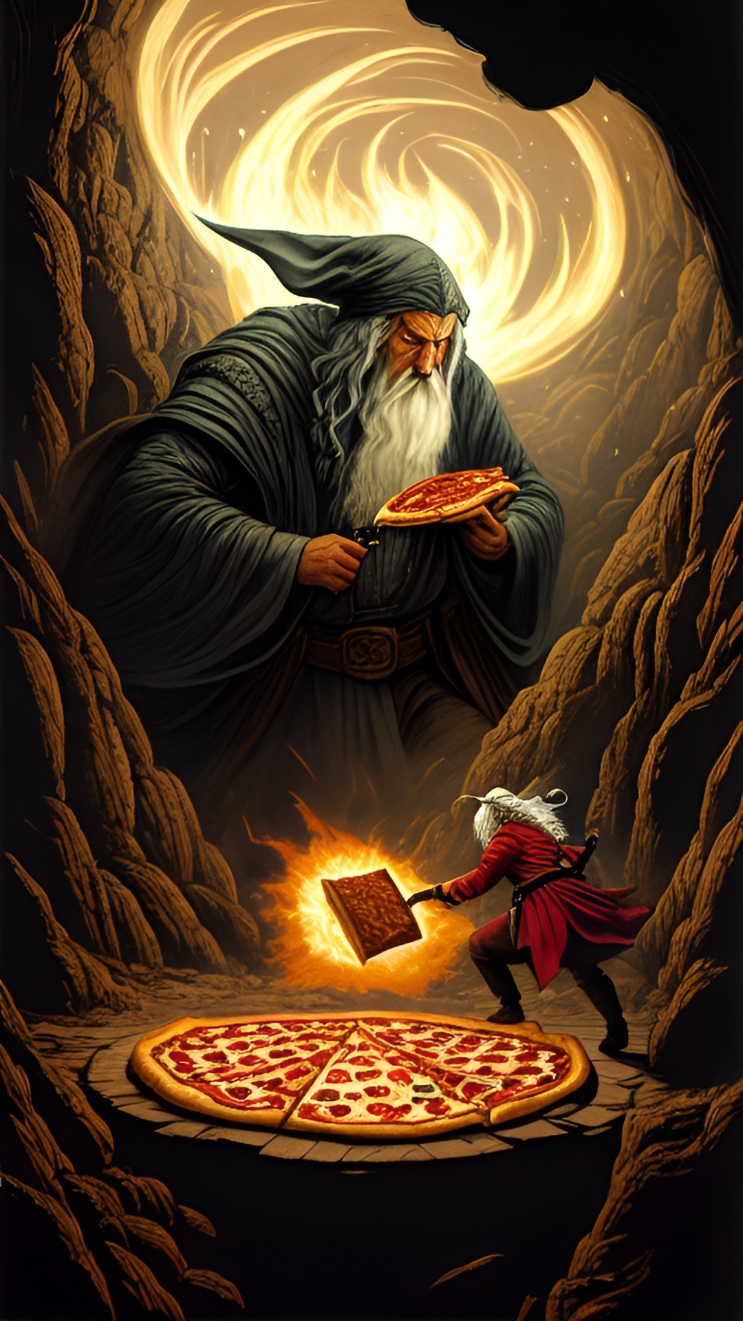 gandalf battling a balrog in a cave using a pizza. preview