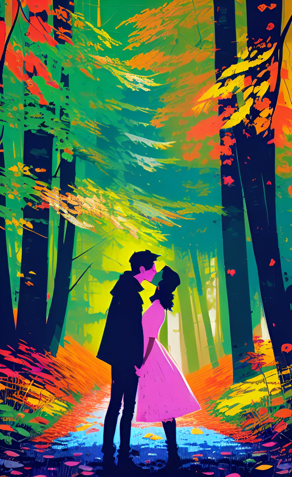 two lovers kissing in a colorful forest preview