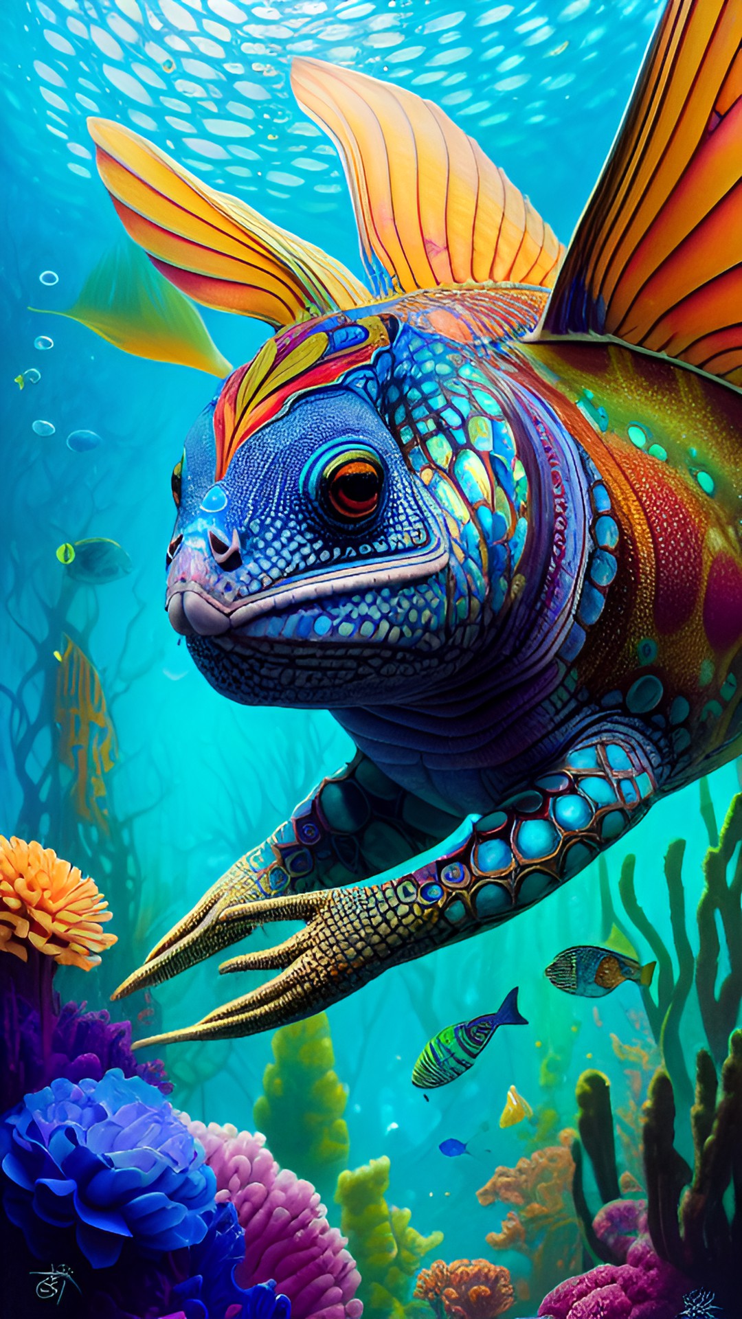 scaled face, underwater, ultra detailed, cluttered, glowing, scales, bioluminescent, bubbles, intricate, magic, pattern preview