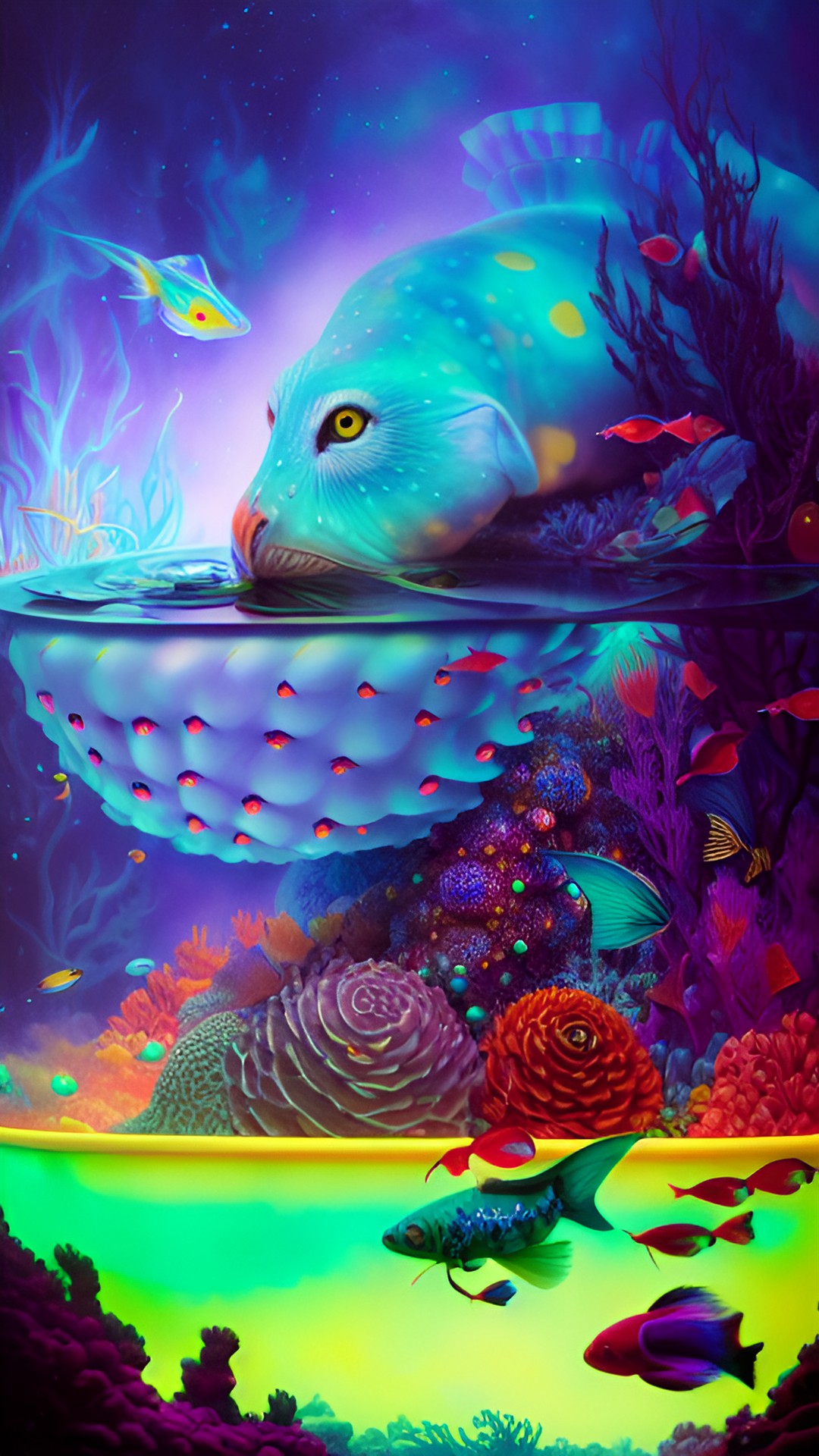 scaled face, underwater, ultra detailed, cluttered, glowing, scales, bioluminescent, bubbles, intricate, magic, pattern preview