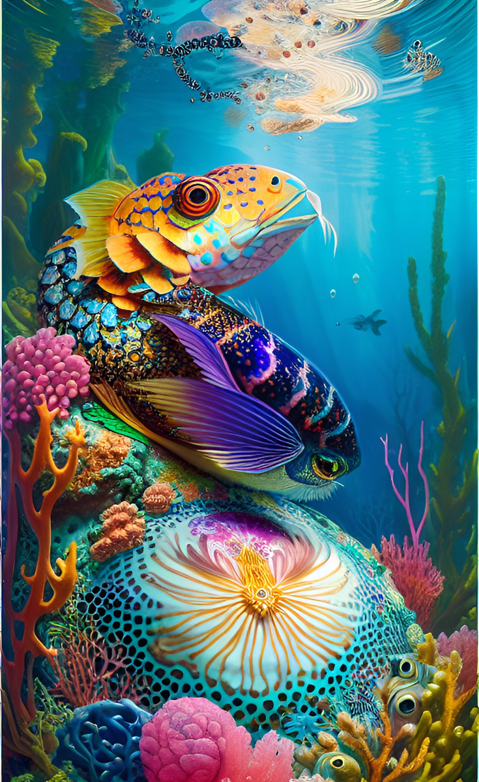 scaled face, underwater, ultra detailed, cluttered, glowing, scales, bioluminescent, bubbles, intricate, magic, pattern, jewels, gemstones, pearls, delicate, preview