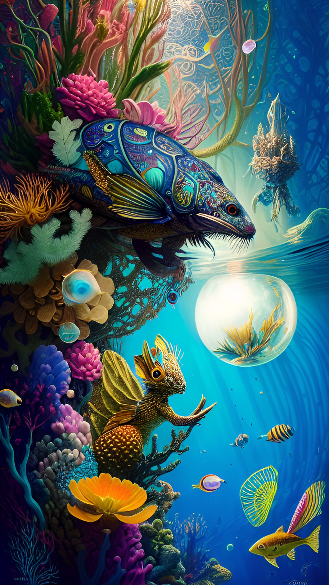 underwater, ultra detailed, cluttered, glowing, scales, bioluminescent, bubbles, intricate, magic, pattern, jewels, gemstones, pearls, delicate, gold, shipwreck, ruins preview