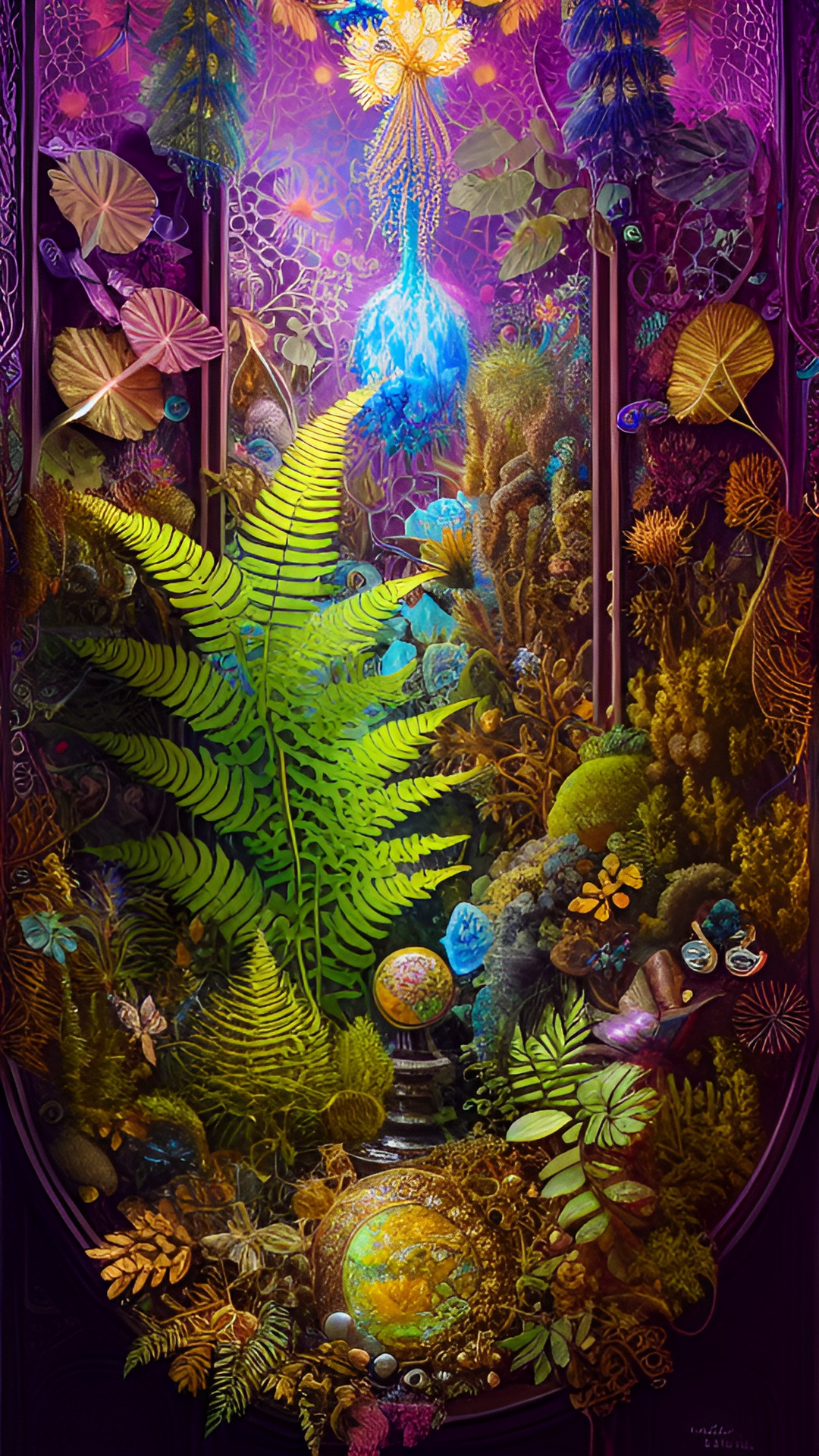 ferns, moss, ultra detailed, cluttered, glowing, bioluminescent, intricate, magic, pattern, jewels, gemstones, pearls, delicate, gold, ruins preview