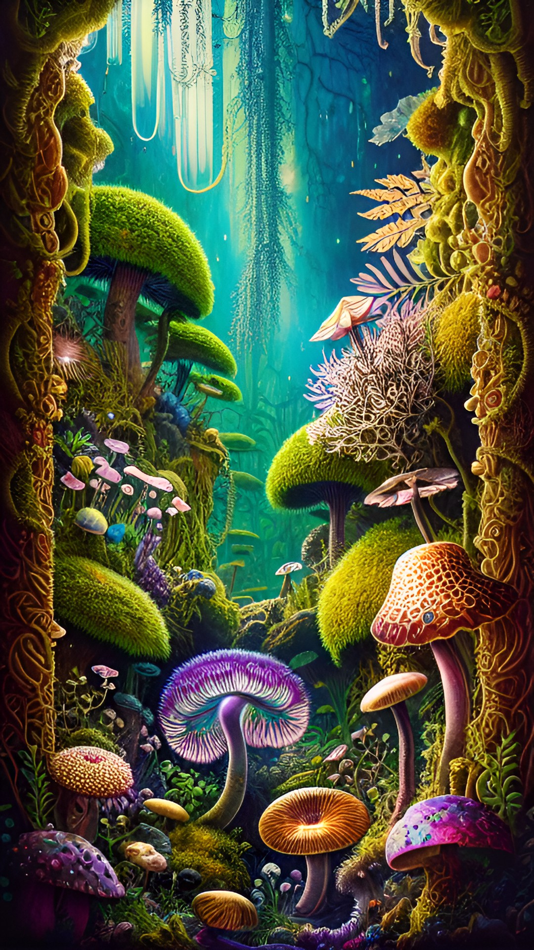 ferns, moss, ultra detailed, cluttered, glowing, bioluminescent, intricate, magic, pattern, jewels, gemstones, pearls, delicate, gold, ruins, filigree, fungi tiny mushrooms preview