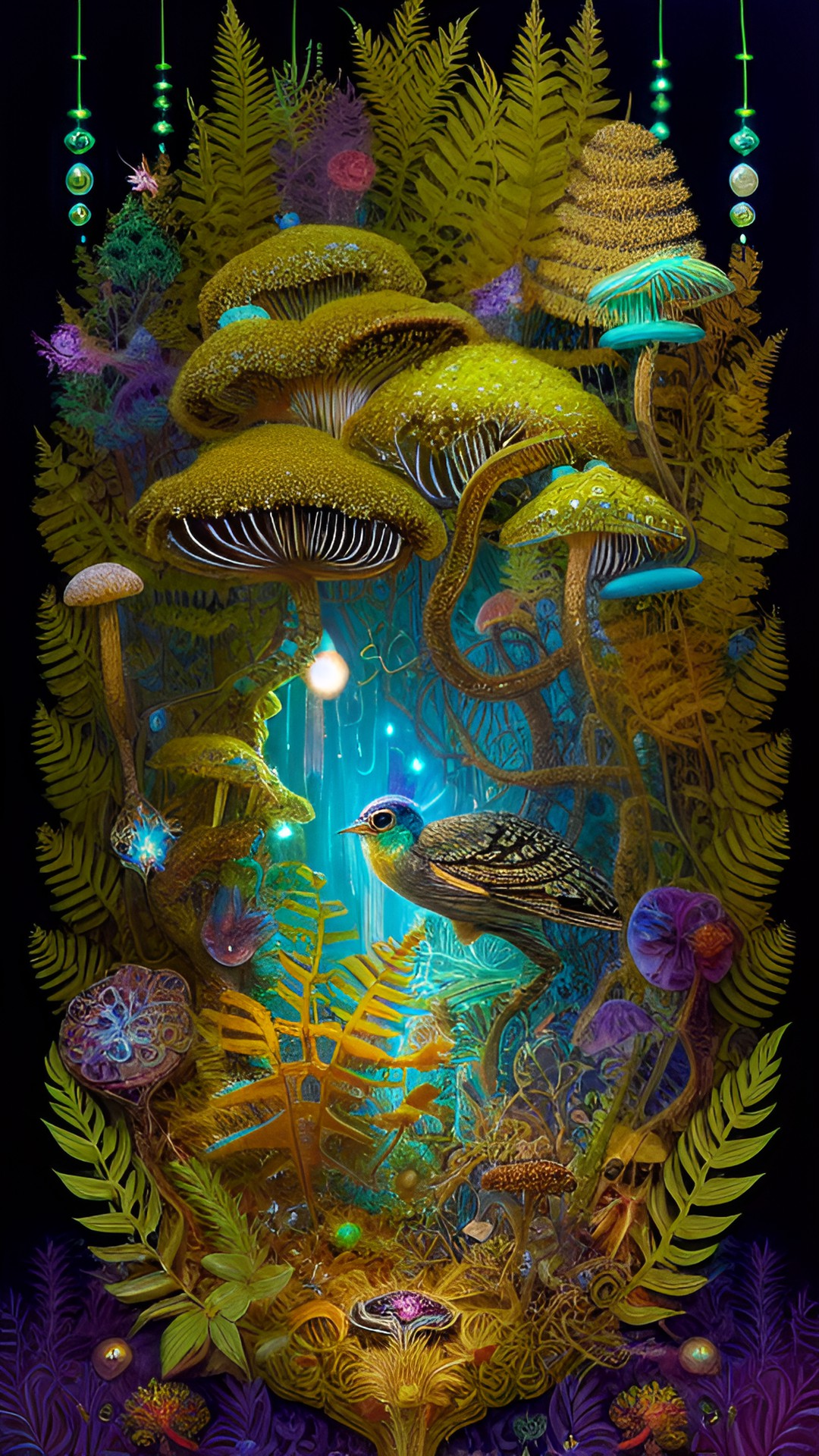 ferns, moss, ultra detailed, cluttered, glowing, bioluminescent, intricate, magic, pattern, jewels, gemstones, pearls, delicate, gold, ruins, filigree, tiny mushroom preview