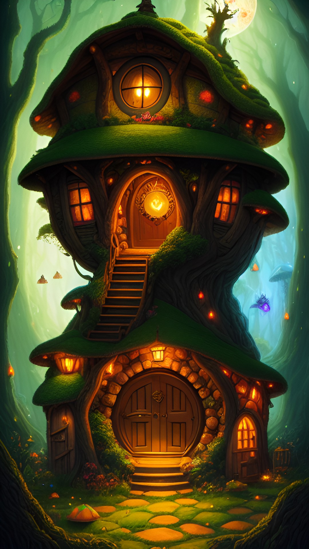 Home - a hobbit hole with a round wooden door in a magical land, nestled amongst towering mushrooms and glowing fireflies. the door is adorned with intricate carvings of dragons and unicorns, and smoke billowing from crooked chimney preview