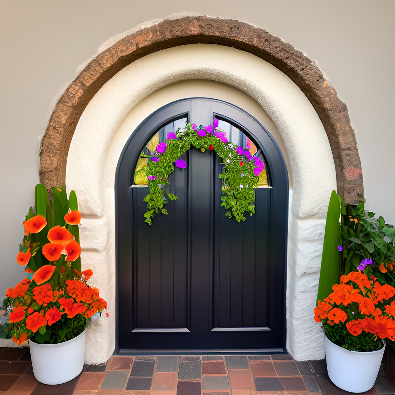 arched doorway through stucco wall with flowers preview