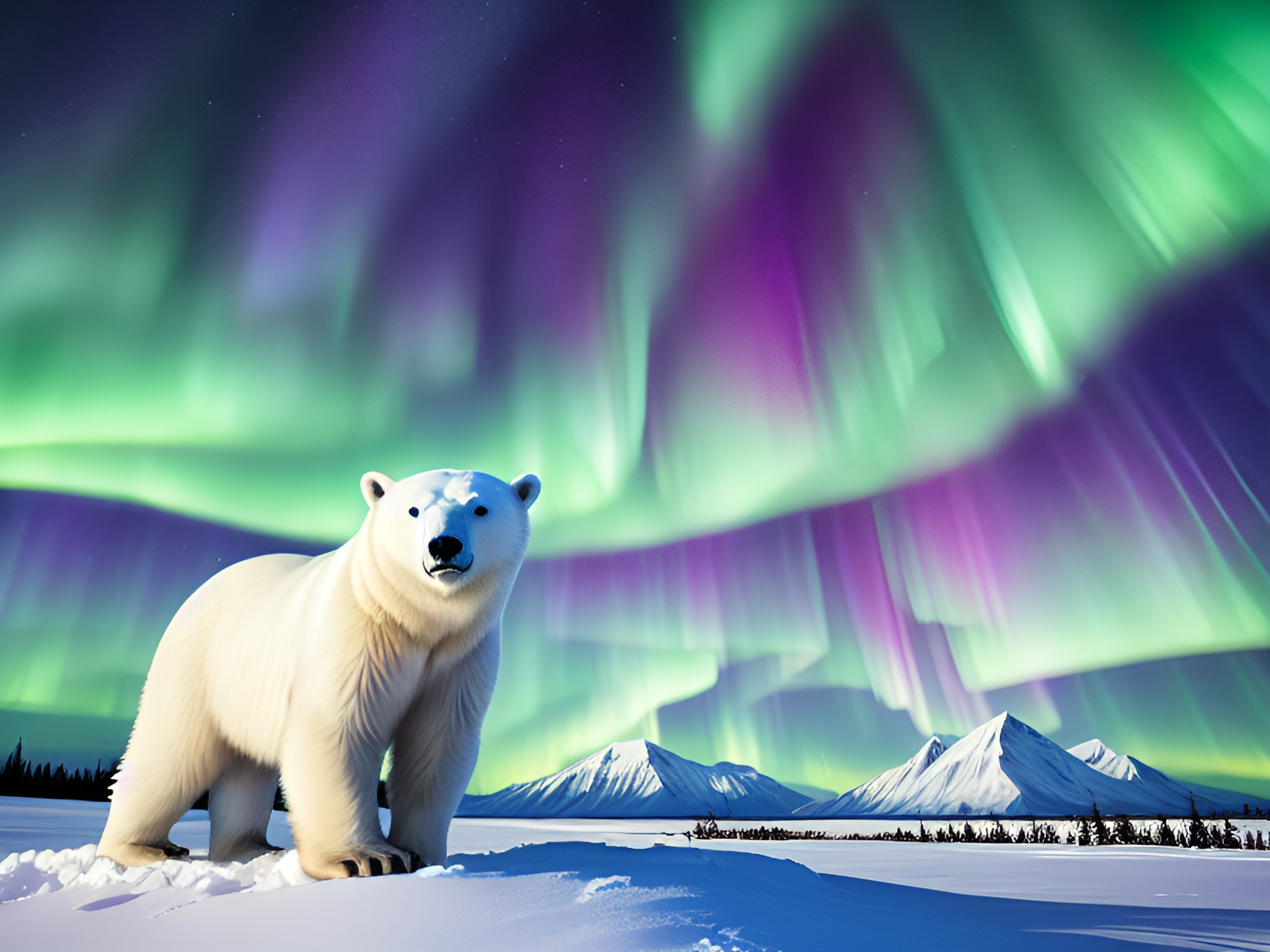 polar bear in front of mountains and under the aurora borealis preview