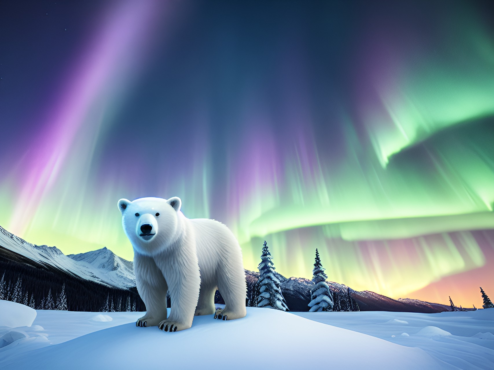 polar bear in front of mountains and under the aurora borealis preview