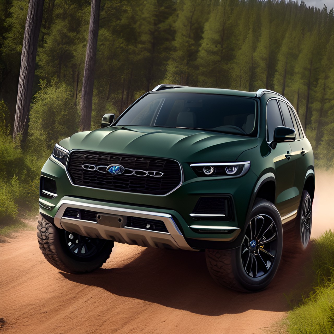 2020 luxury suv, dark green, large grille, led headlights, offroad wheels preview