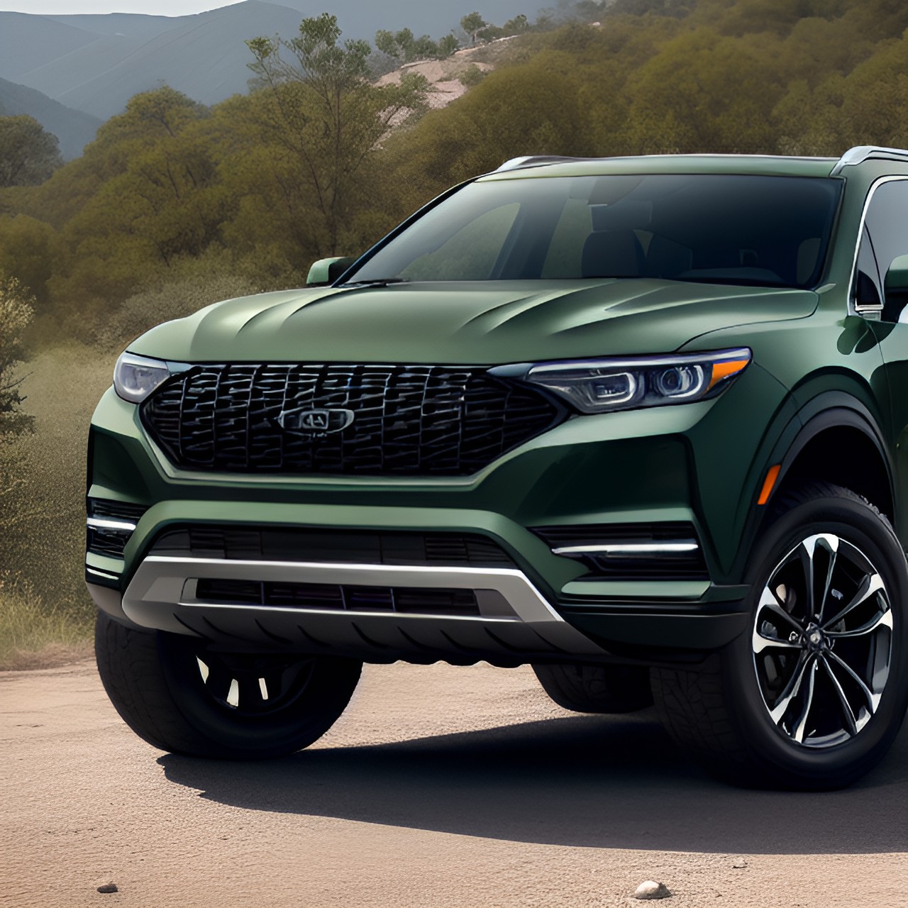 2020 luxury suv, dark green, large grille, led headlights, offroad wheels preview