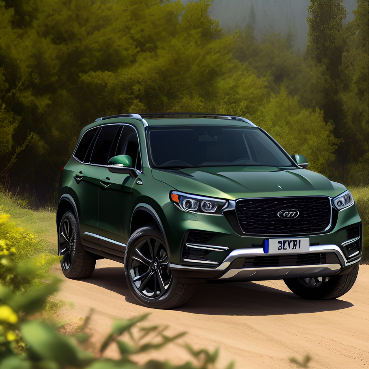 2020 luxury suv, dark green, large grille, led headlights, offroad wheels preview