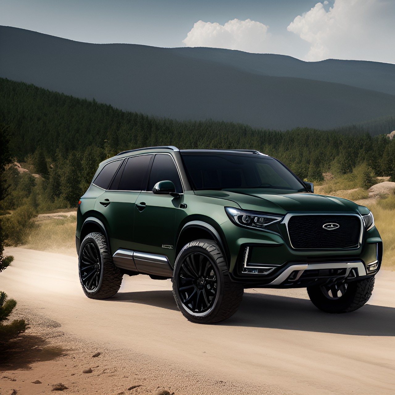 2020 luxury suv, dark green, large grille, led headlights, offroad wheels, chunky plastic fenders preview