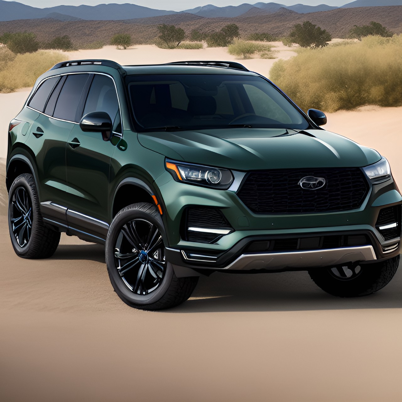 2020 luxury suv, dark green, large grille, led headlights, offroad wheels, chunky plastic fenders preview