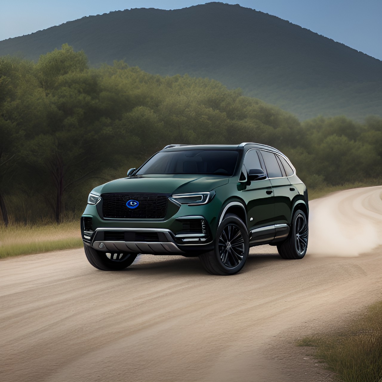 2020 luxury suv, dark green, large grille, led headlights, offroad wheels, chunky plastic fenders preview