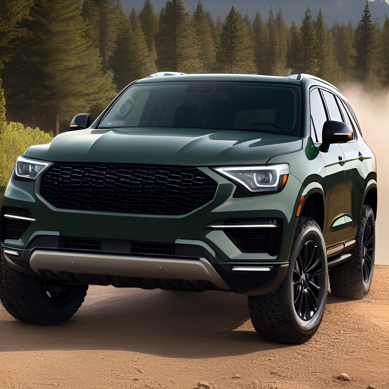 2020 luxury suv, dark green, large grille, led headlights, offroad wheels, chunky plastic fenders preview