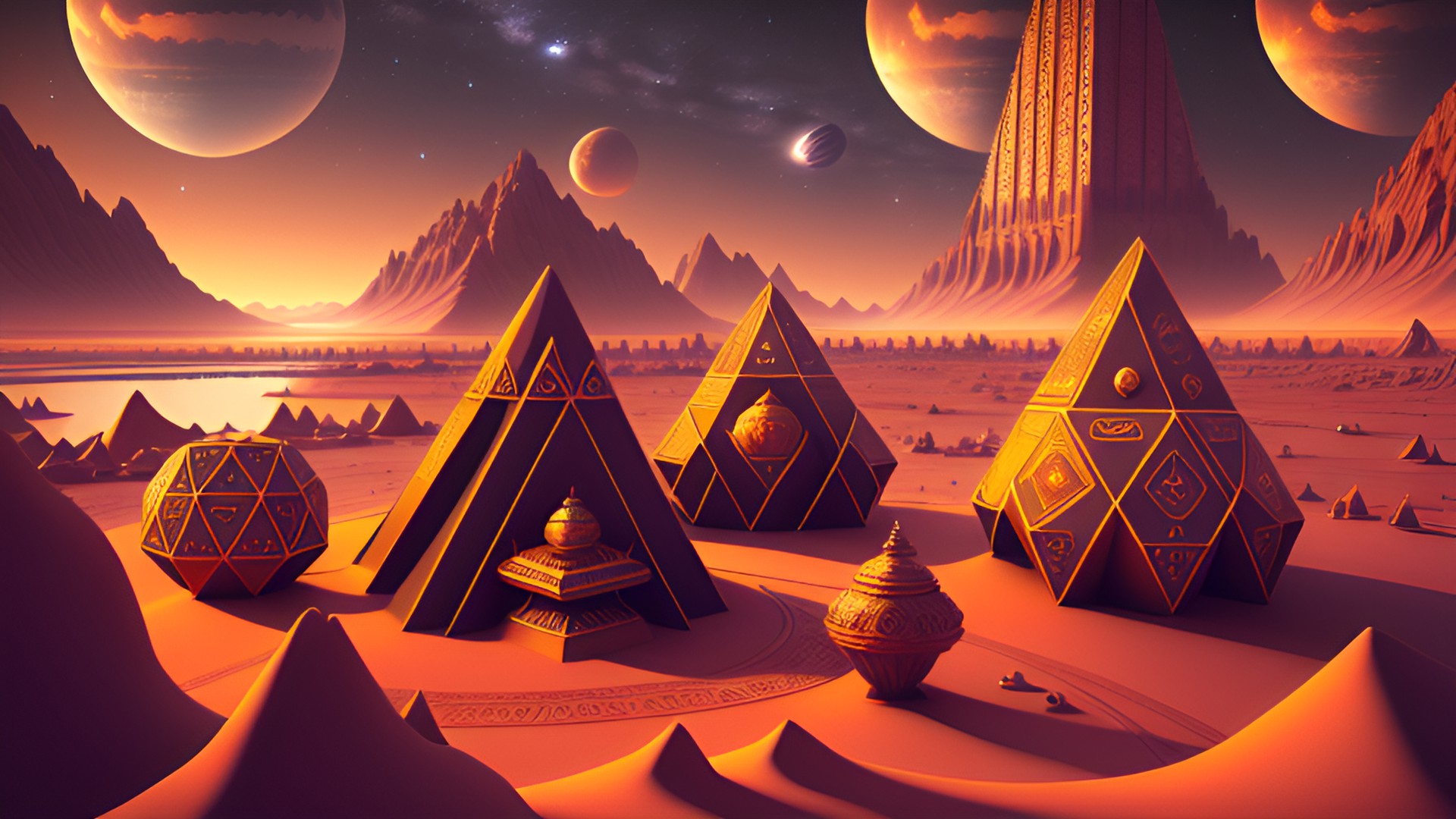 ancient sanskrit civilization on mars. platonic solids, river, gardens,night sky,4k,ultrarealistic,realisticdetail,raytracing,fullhd,1920x1080,8k,ultrawide,fxaa preview