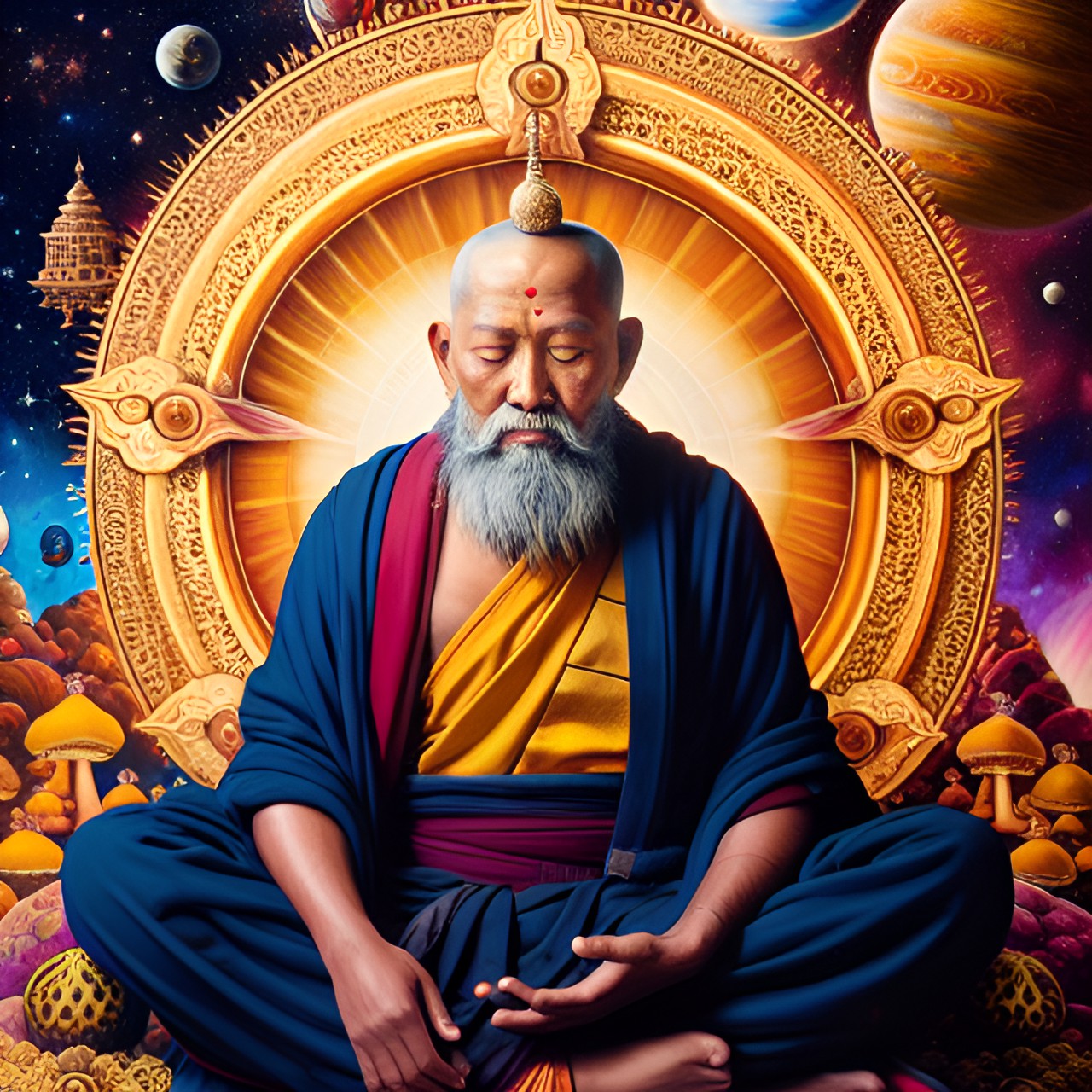 Mk5 - bearded old man monk buddhist prayer, sitting in space, stars, planets, mushrooms, cross legged meditating with multiple buddha statues in the background hyper realistic, hd, 4k, detailed, glossy, flawless preview