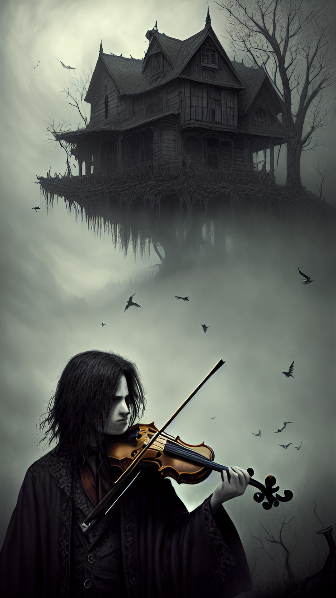 Dark Thoughts - death playing a violin, crows , fog carpet, eerie stone village, haunting, atmospheric, high contrast, vignette, preview