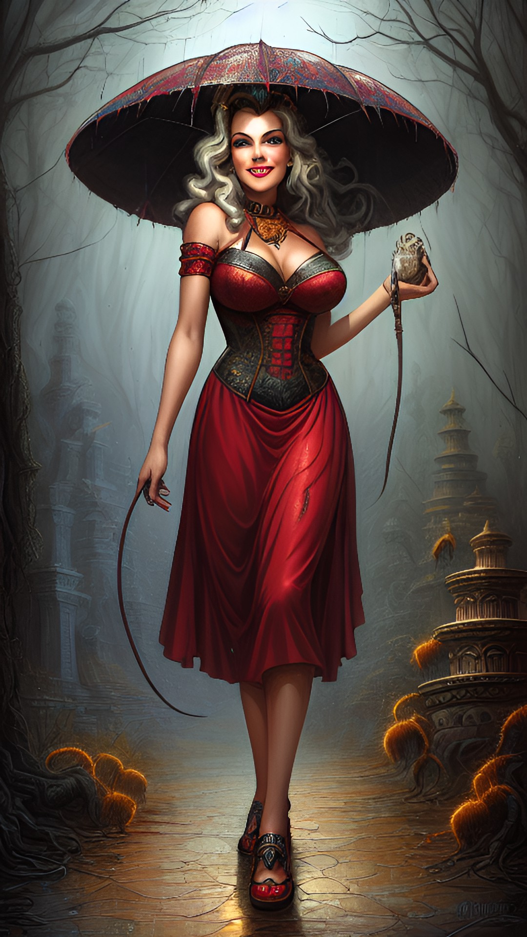 american pin-up,￼ arachnid ￼maiden , mischievous smile, in a native temple with raining spiders and a sea of them at her feet. preview